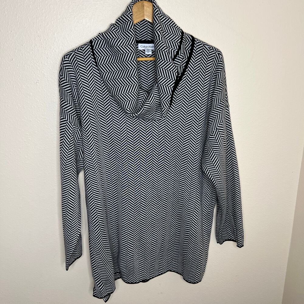Calvin Klein Black White Stripe Cowl Neck Tunic Sweater XL